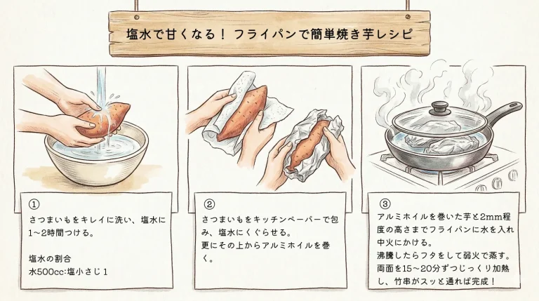 塩水につけると焼き芋が甘くなる？塩水とフライパンで作る焼き芋の作り方を解説！