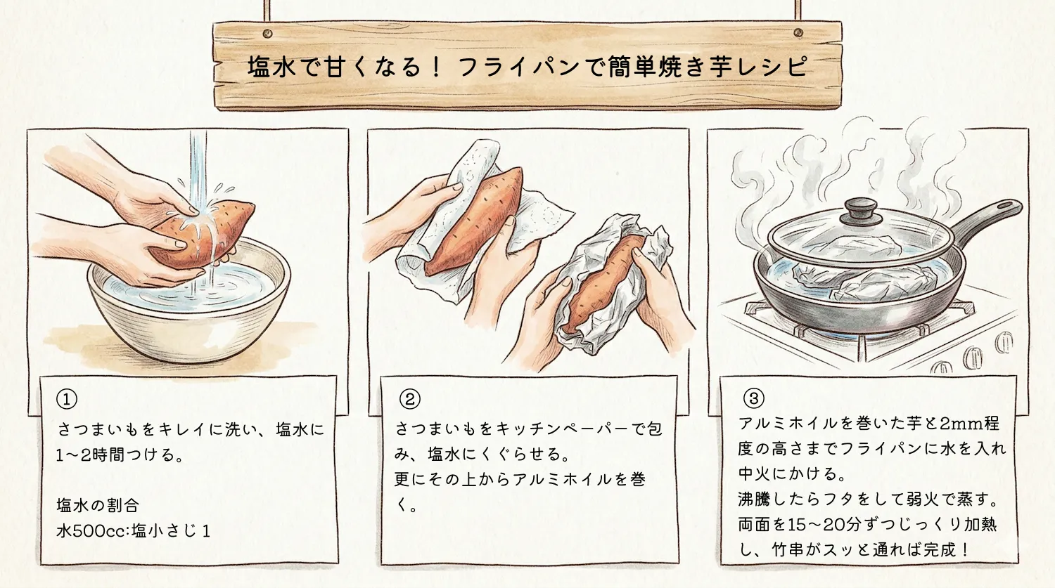 塩水で甘くなる！ フライパンで簡単焼き芋レシピ