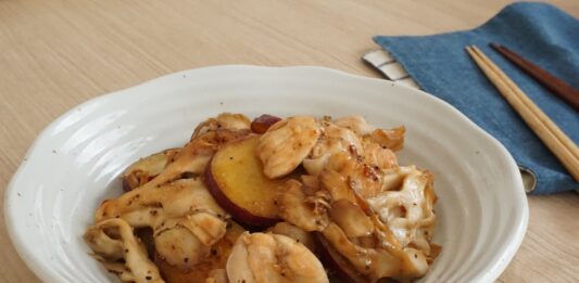 さつまいもと鶏もも肉のにんにく醤油炒め